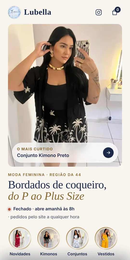 Vitrine da loja Lubella aberta no celular, com a foto de um conjunto e as categorias da loja
